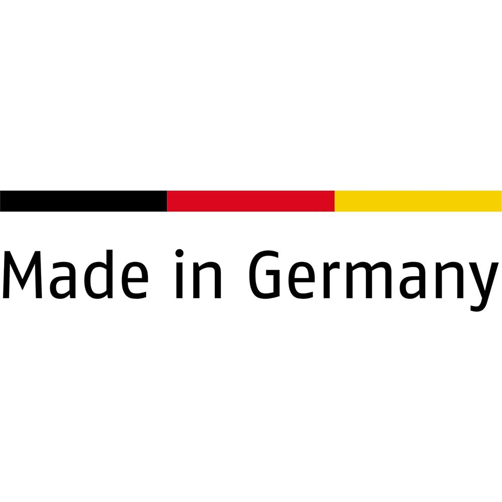 Made in Germany Schriftzug mit schwarz-rot-gelber Fahne.