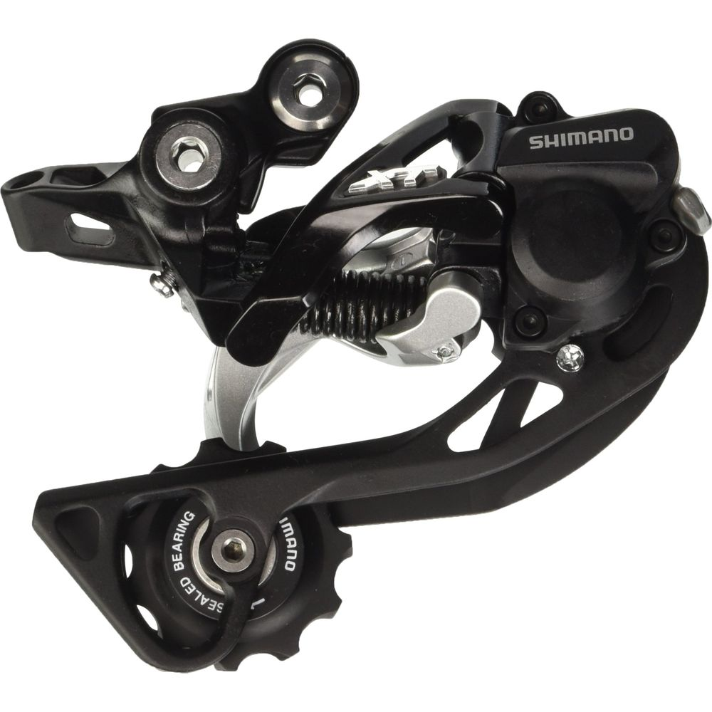 Schwarzes Fahrradschaltwerk mit silbernen Akzenten, Shimano-Logo sichtbar.
