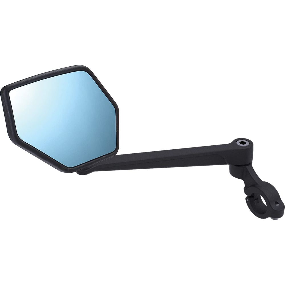Ein schwarzer Motorradspiegel mit blauem Spiegelglas und Klemmhalterung.
