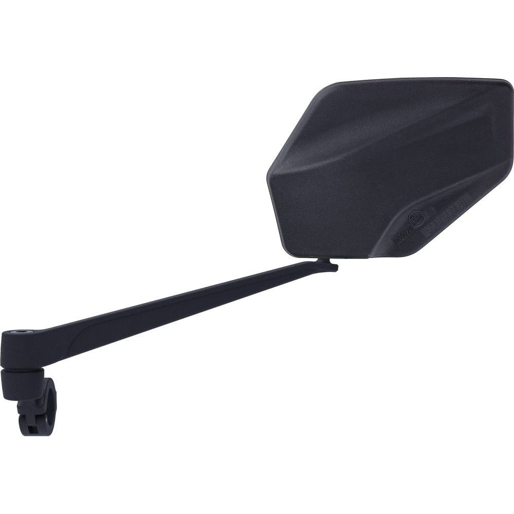 Schwarzer Motorradspiegel mit verstellbarem Arm und Klemme.