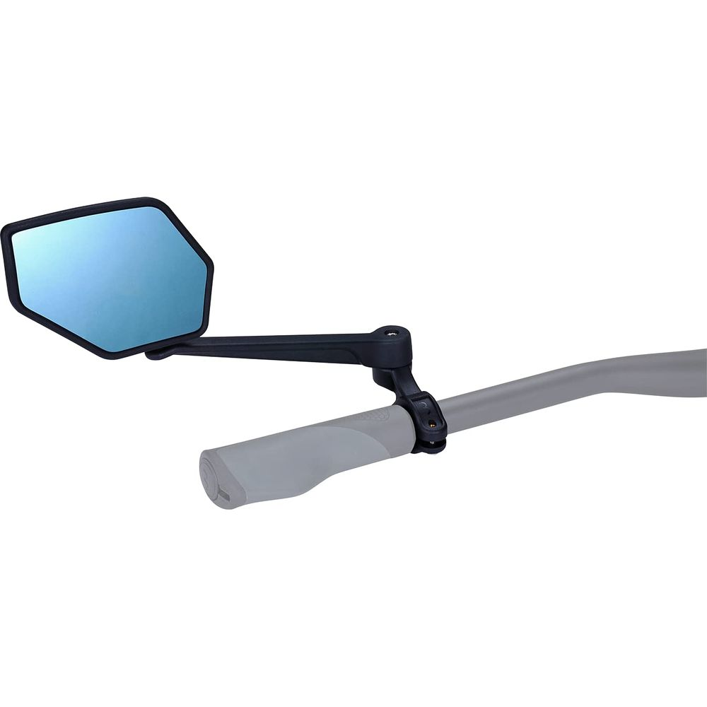Ein schwarzer Fahrradspiegel mit blauem Spiegelglas, montiert an einem Lenker.