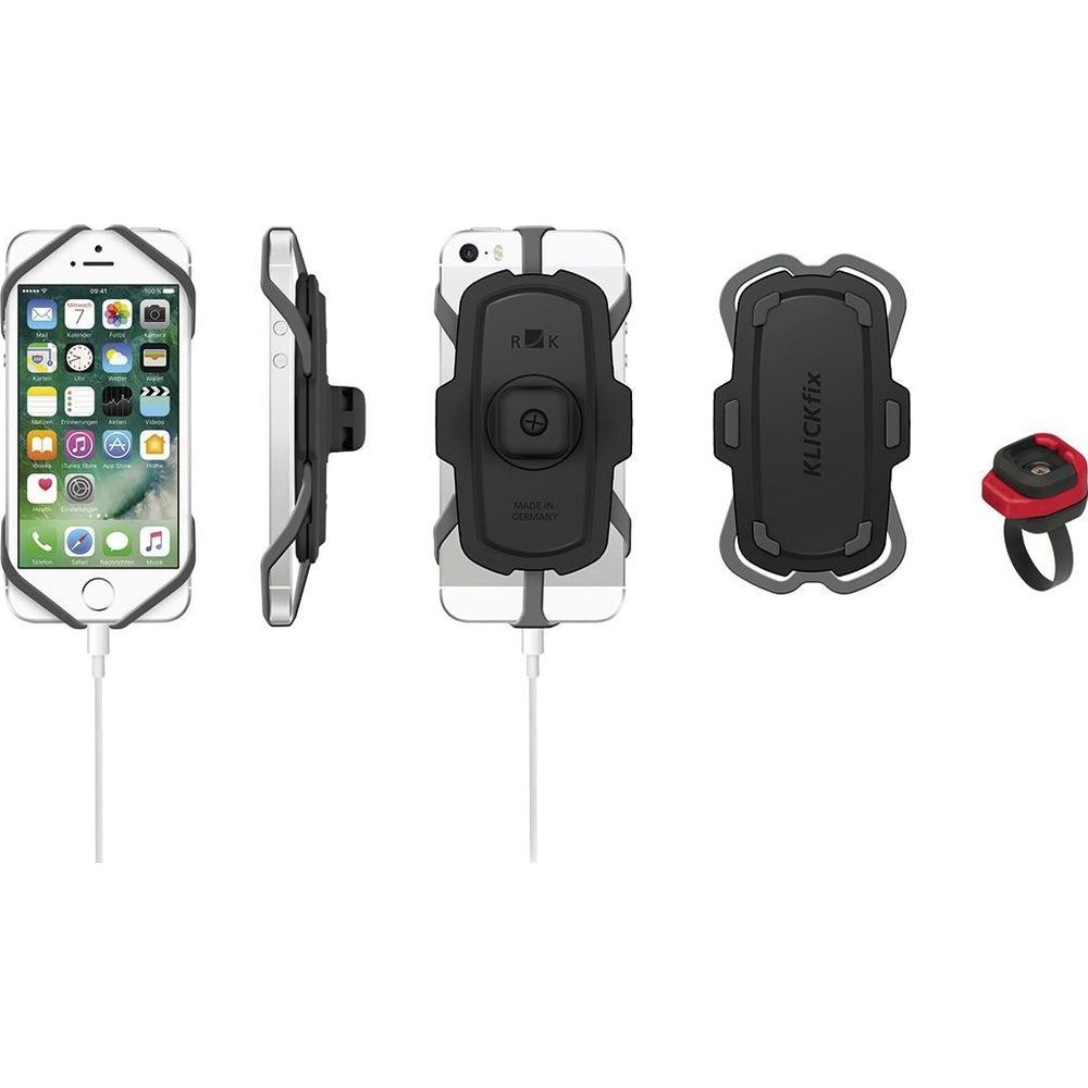 iPhone mit Halterungen: Vorder-, Seiten-, Rückansicht, Klickfix-Halterung & Ring.