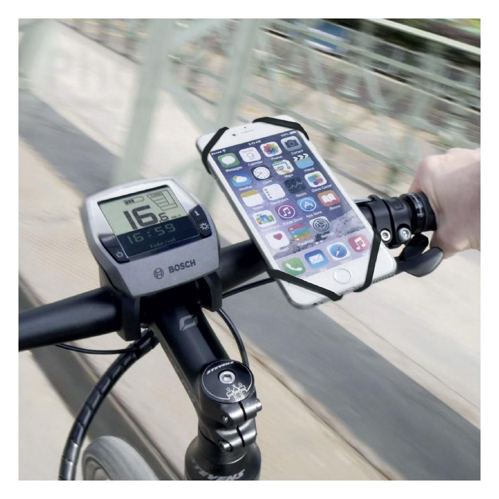 Ein Smartphone ist mit Gummibändern an einem Fahrradlenker befestigt, neben einem Bosch-Display.