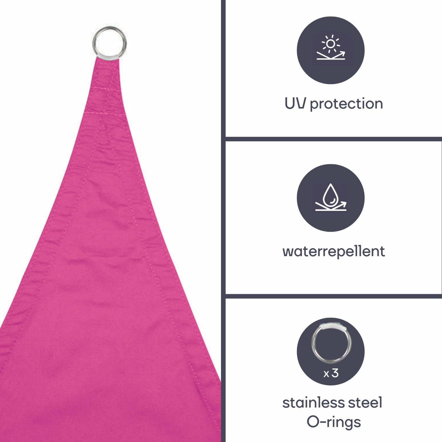 Pinkes Sonnensegel mit UV-Schutz, wasserabweisend, 3 Edelstahl-Ringe.