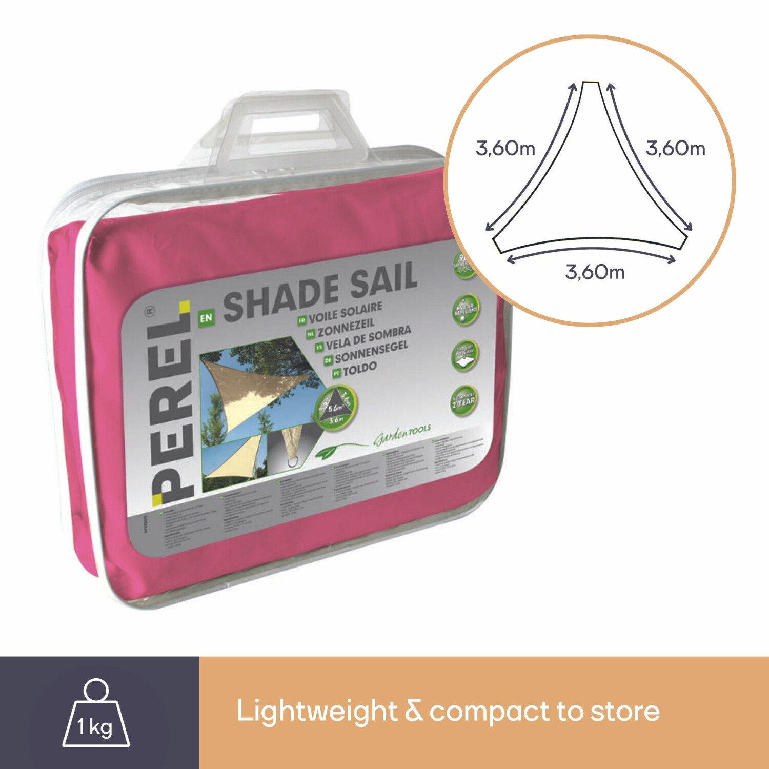 Verpackung eines Sonnensegels mit den Maßen 3,60m. Es ist 1 kg schwer und leicht zu verstauen.