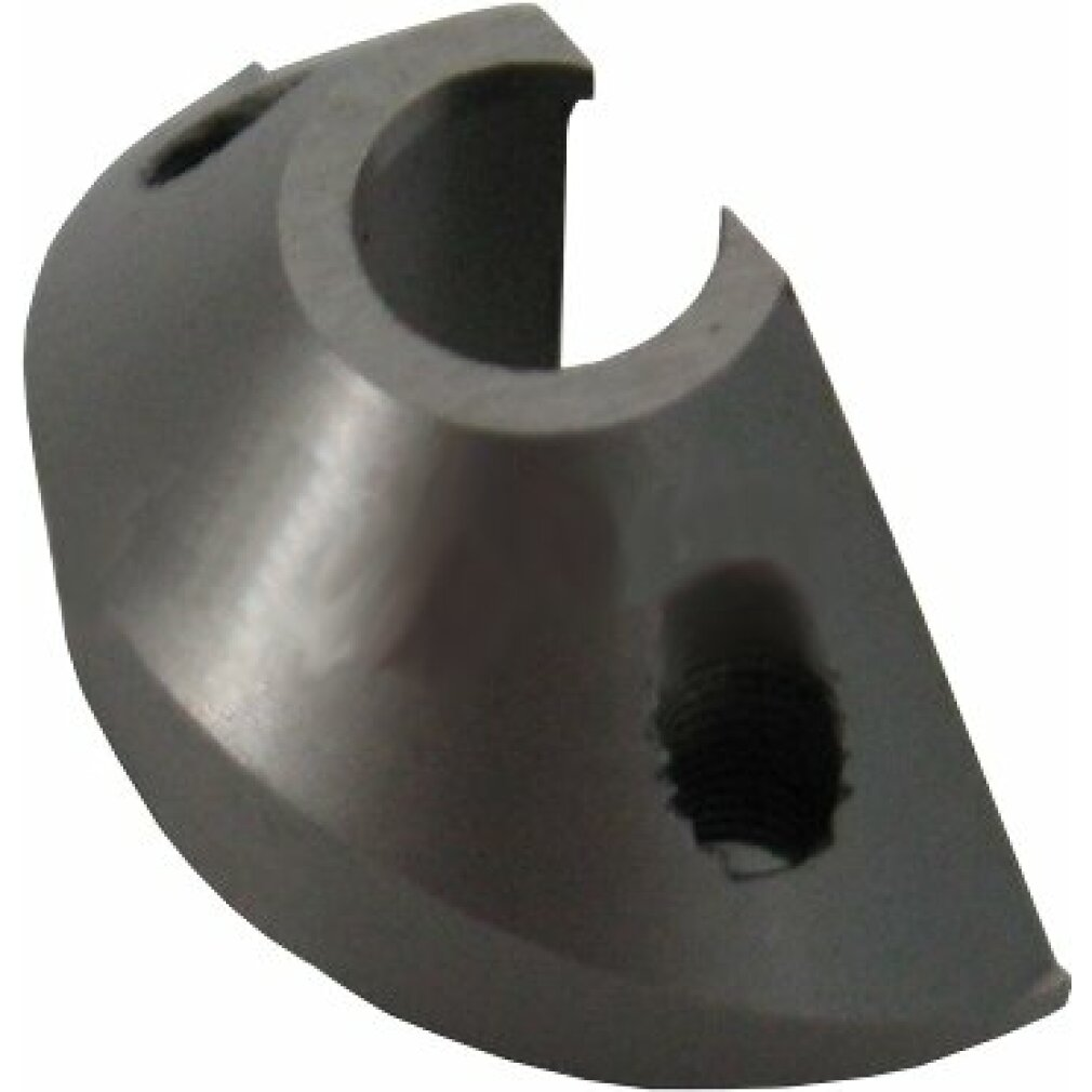 Ein metallischer, halbrunder Klemmkragen mit zwei Schraubenlöchern.