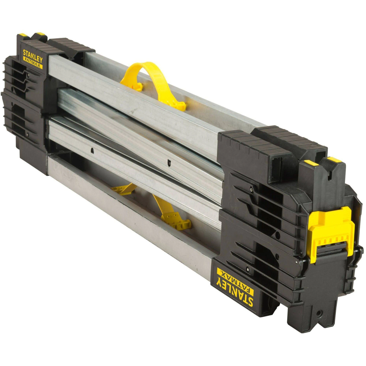 Geklappter Stanley Fatmax Sägebock mit schwarzen und gelben Akzenten, silbernem Metallrahmen.