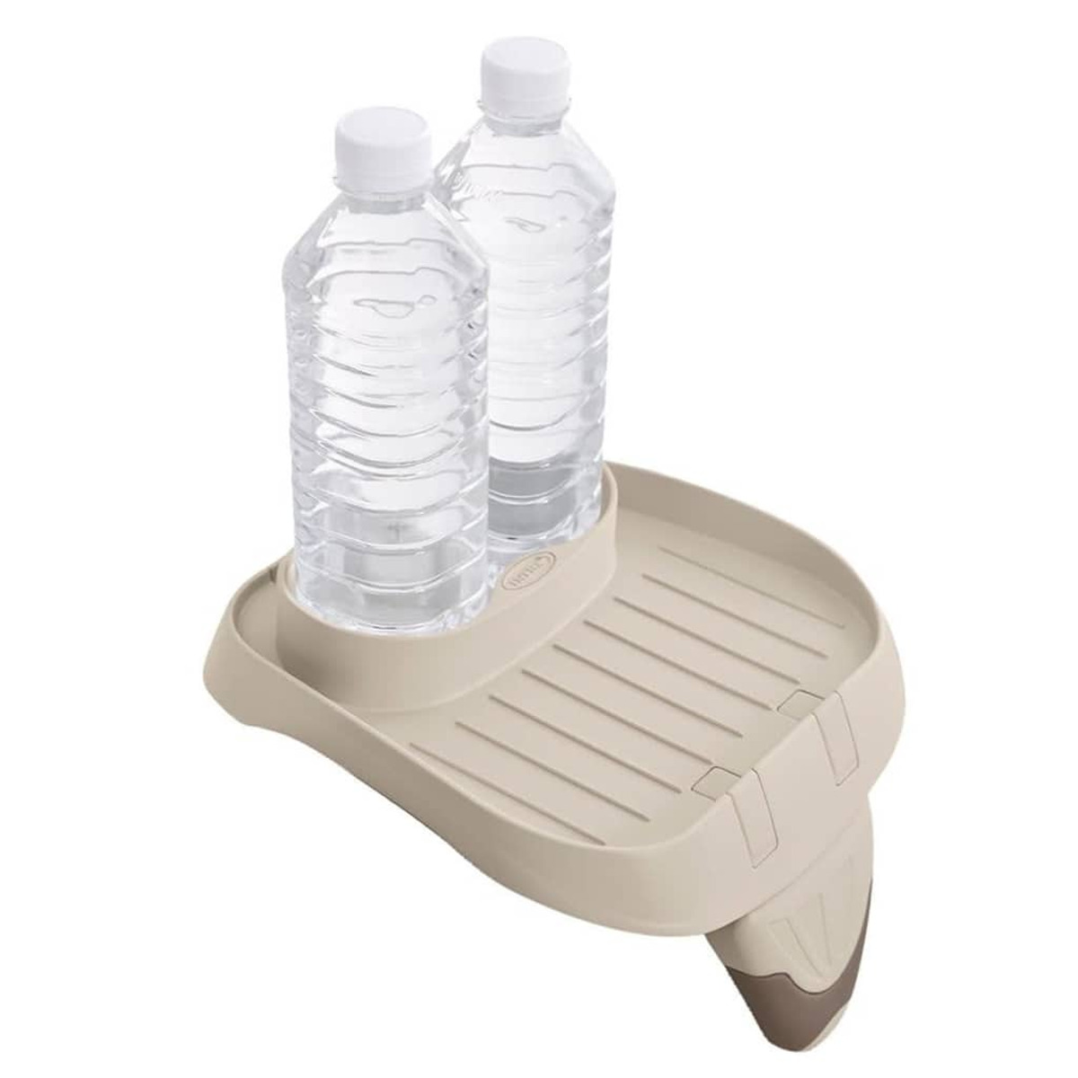 Beiger Plastikabtropfhalter mit zwei durchsichtigen Wasserflaschen mit weißen Kappen.