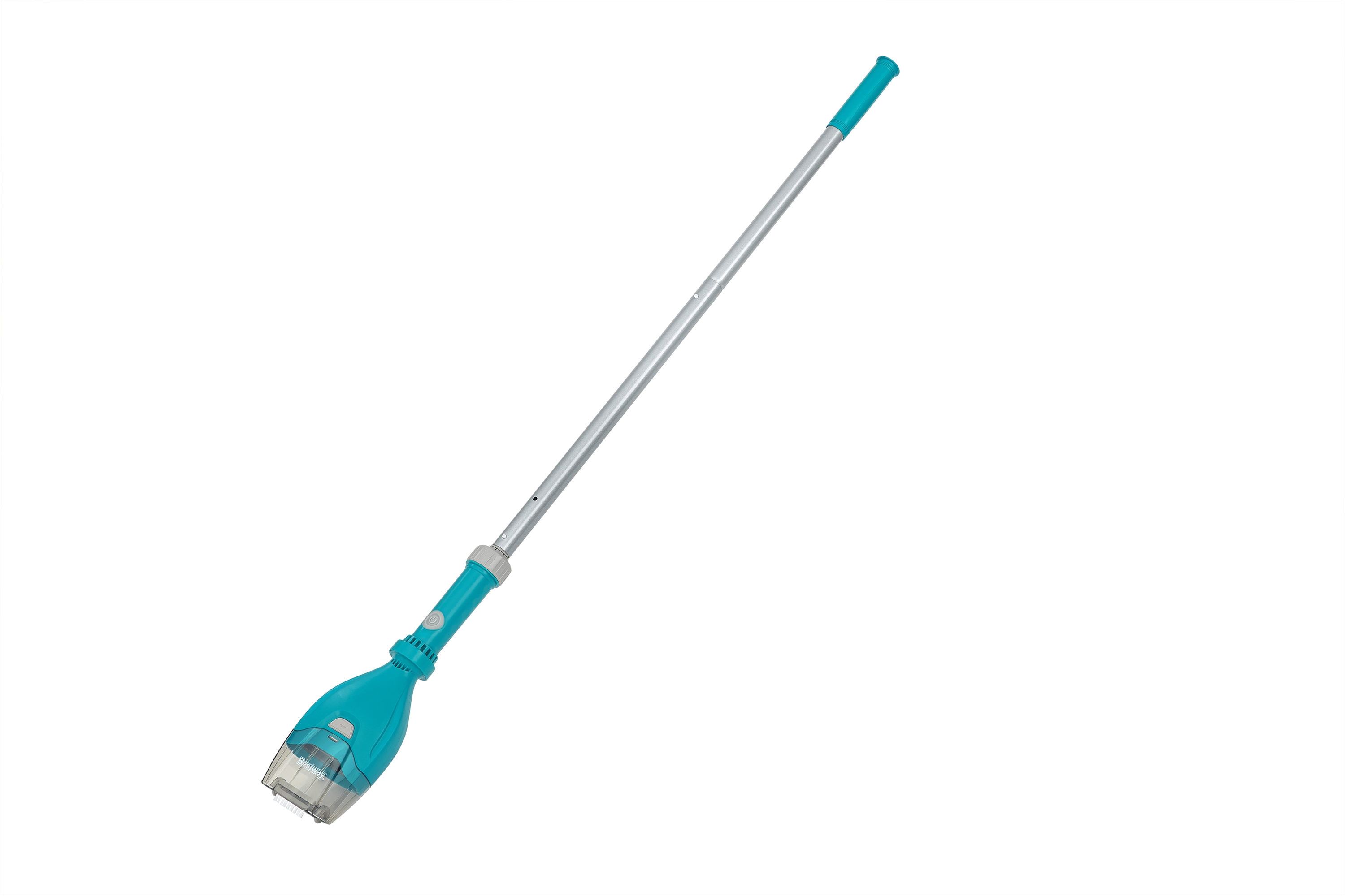 Ein blauer Poolreiniger mit silbernem Stiel auf weißem Hintergrund.