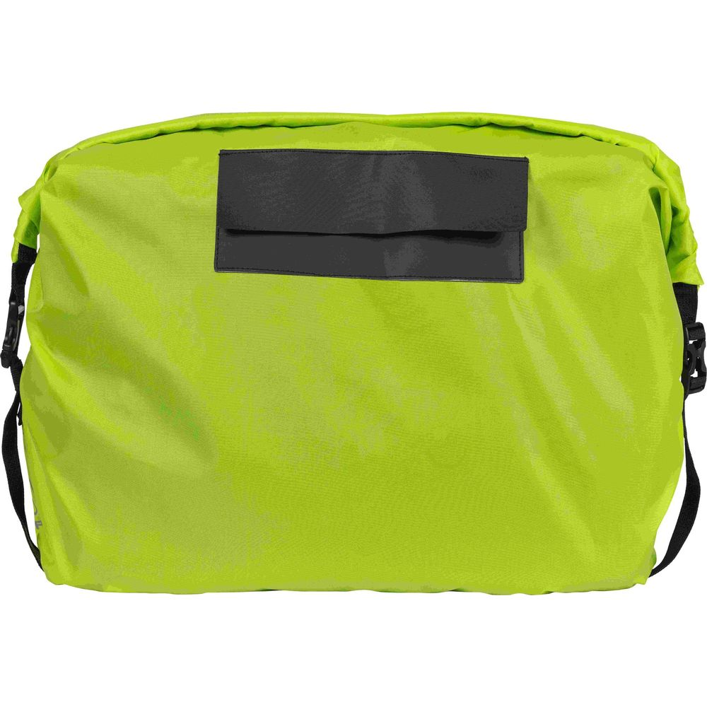 Eine neongrüne Tasche mit schwarzem Klettverschluss-Feld, weißer Hintergrund.