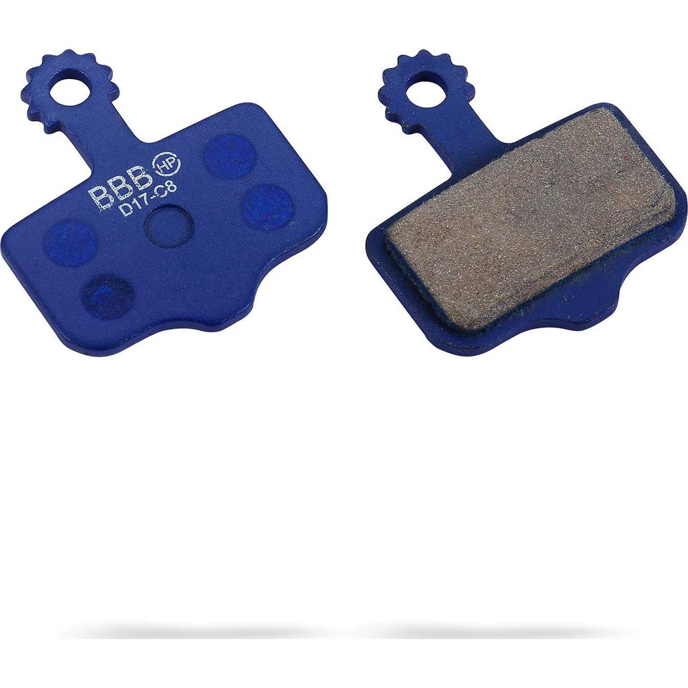 Zwei blaue Fahrradbremsbeläge, eines mit Schriftzug, das andere mit Reibfläche.