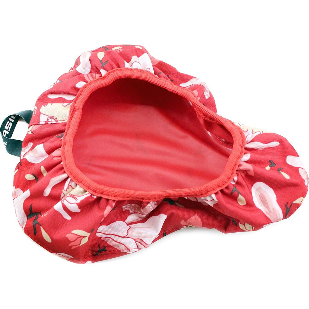 Roter Fahrradsattelbezug mit weiß-pinkem Blumenmuster. Gummizugeinfassung.
