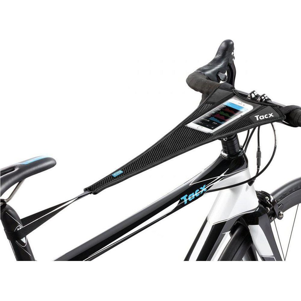 Fahrrad mit Tacx-Halterung für Smartphone am Lenker und schwarzem Rahmen.