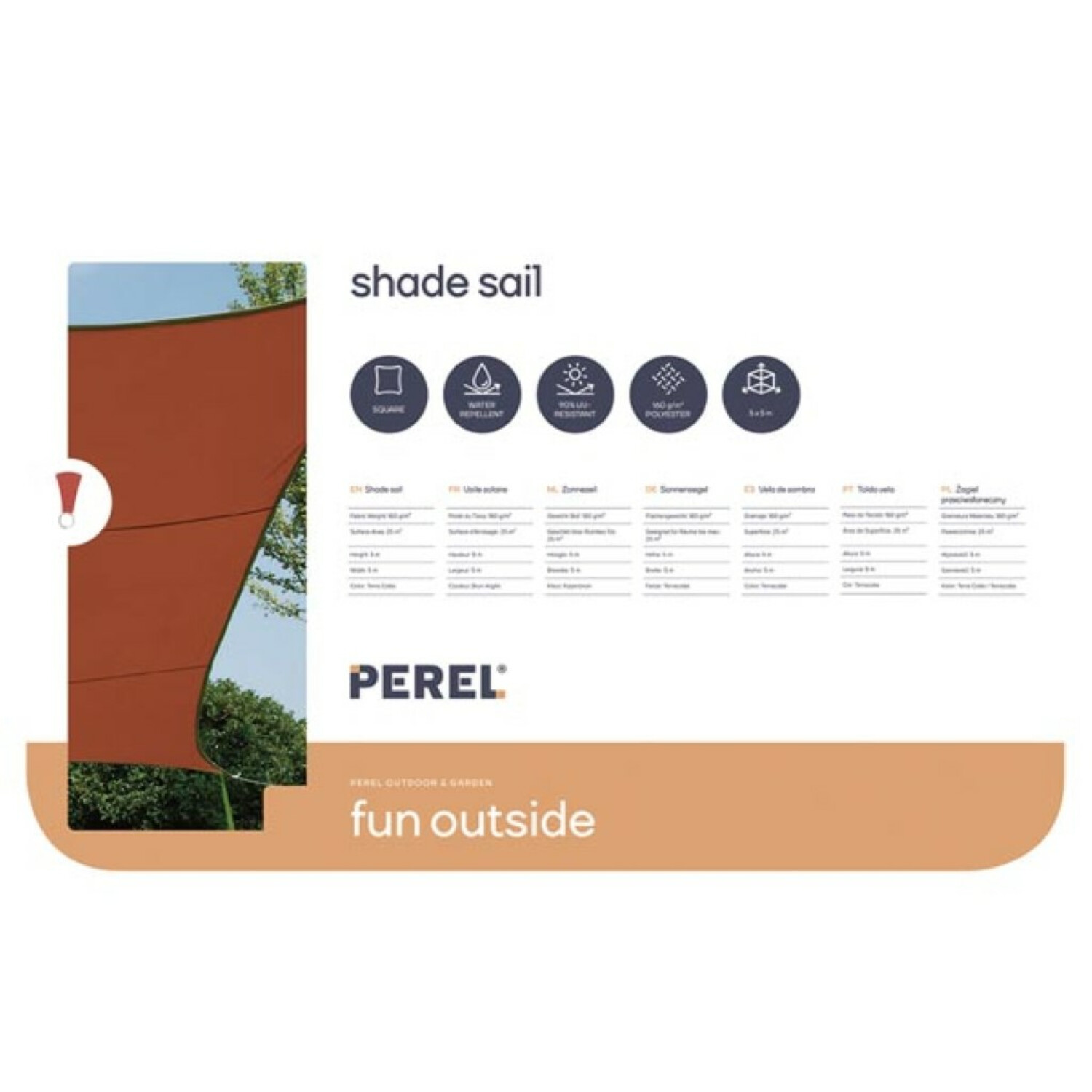 Braunes Sonnensegel mit Perel-Logo und Produktdetails. Text: 'fun outside'.