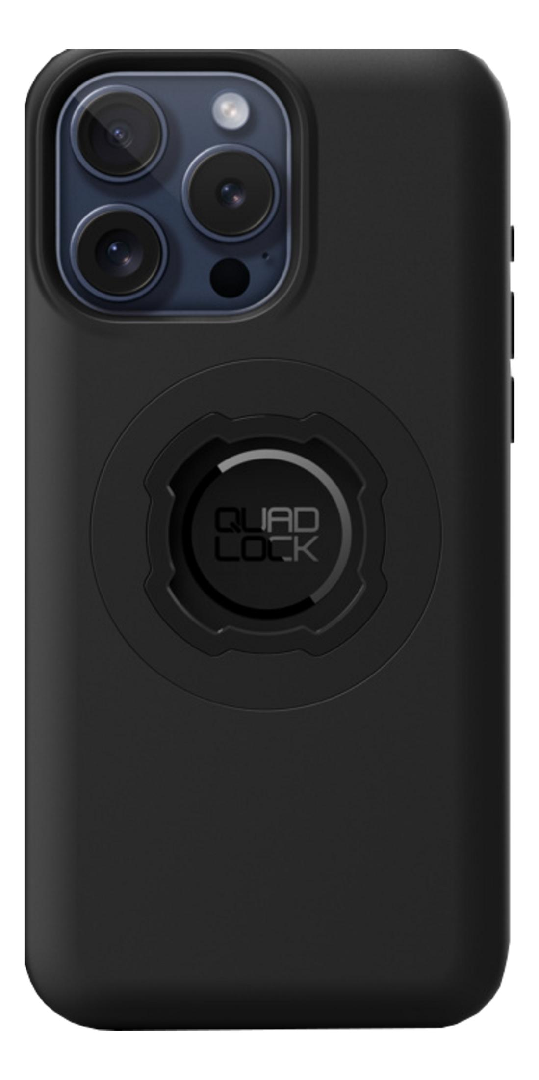 Schwarzes iPhone-Case mit Quad Lock-Logo und dreifacher Kamera.