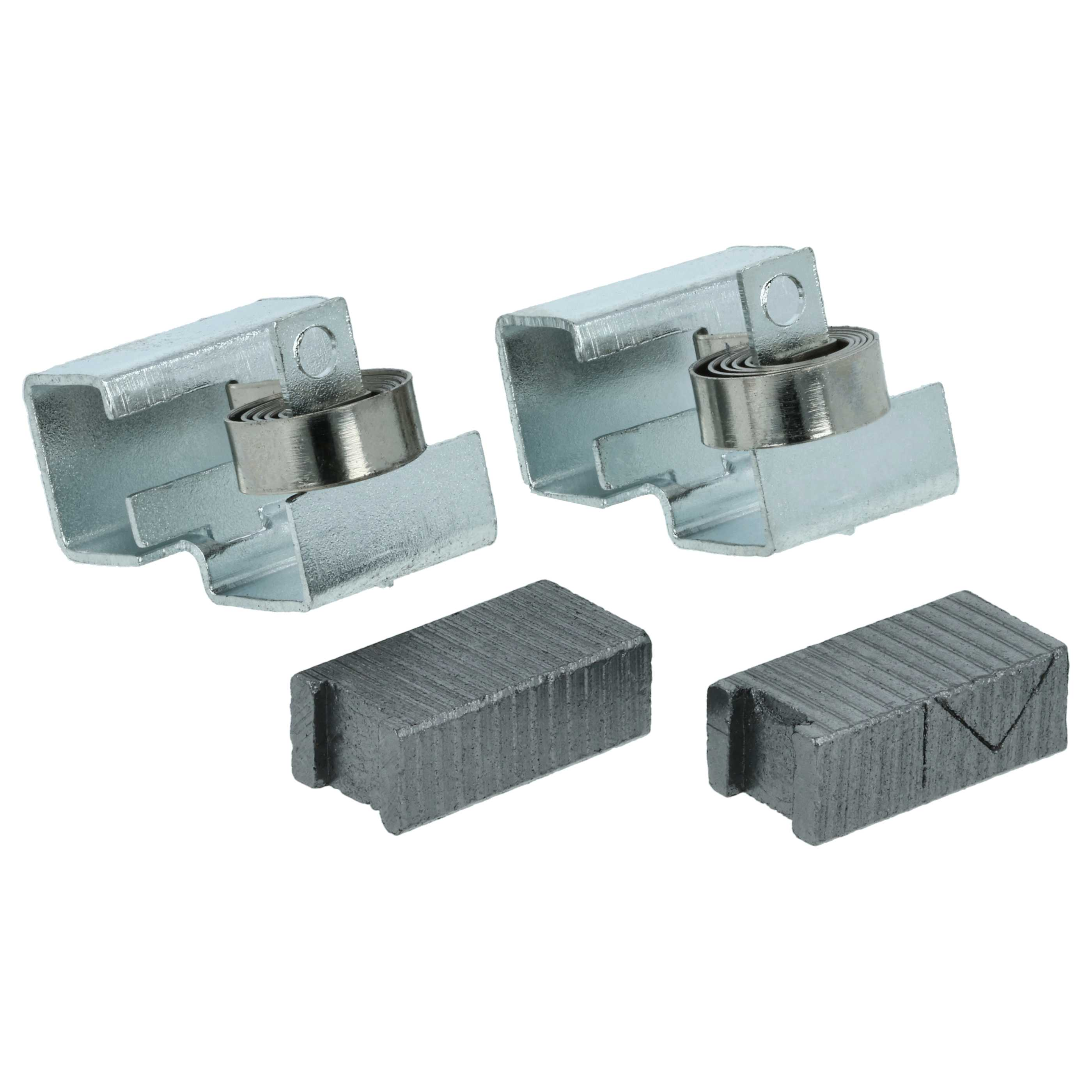 Zwei Metallklammern mit Federn und zwei rechteckige Metallteile.