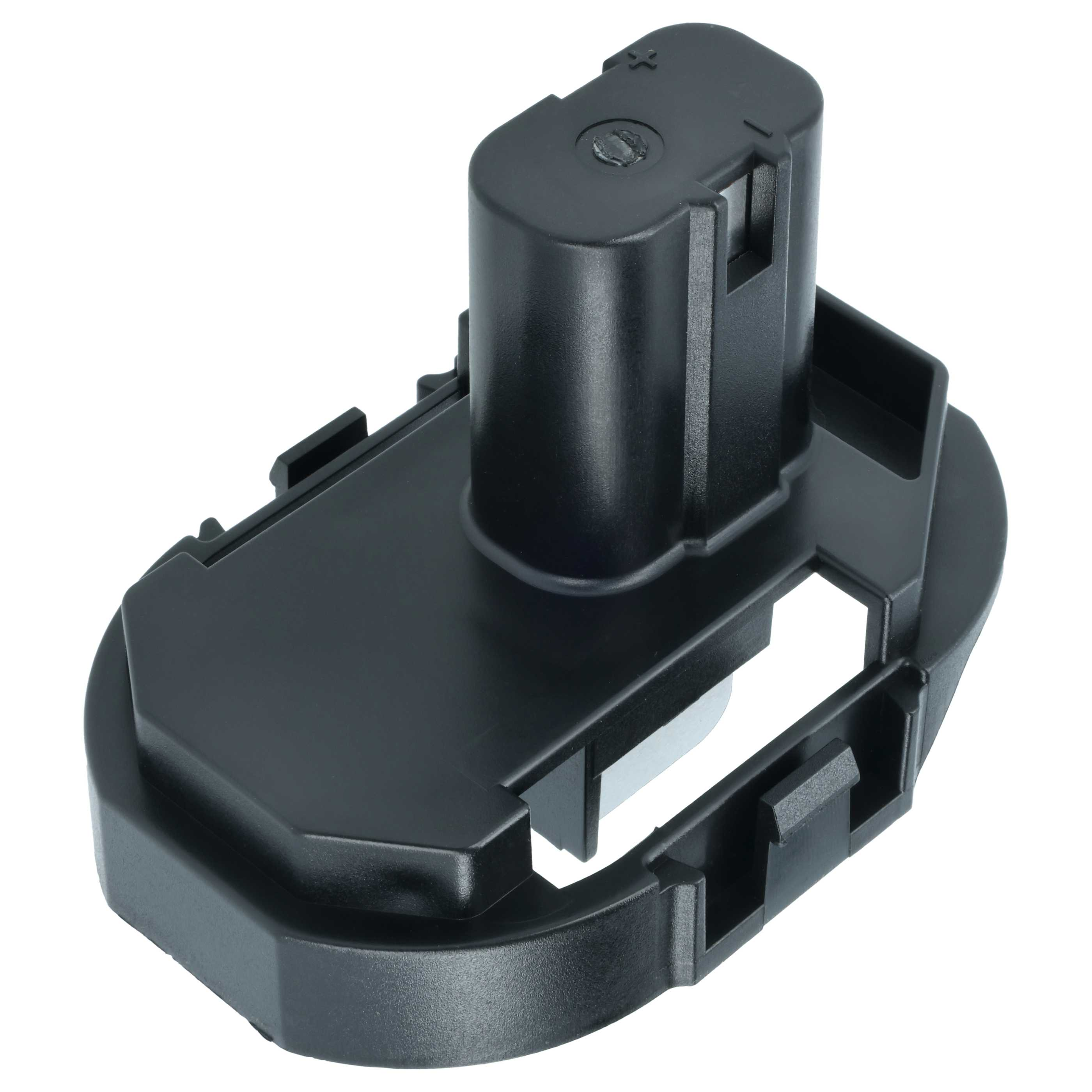 Schwarzer Batterieadapter mit Schraube und Pluszeichen.