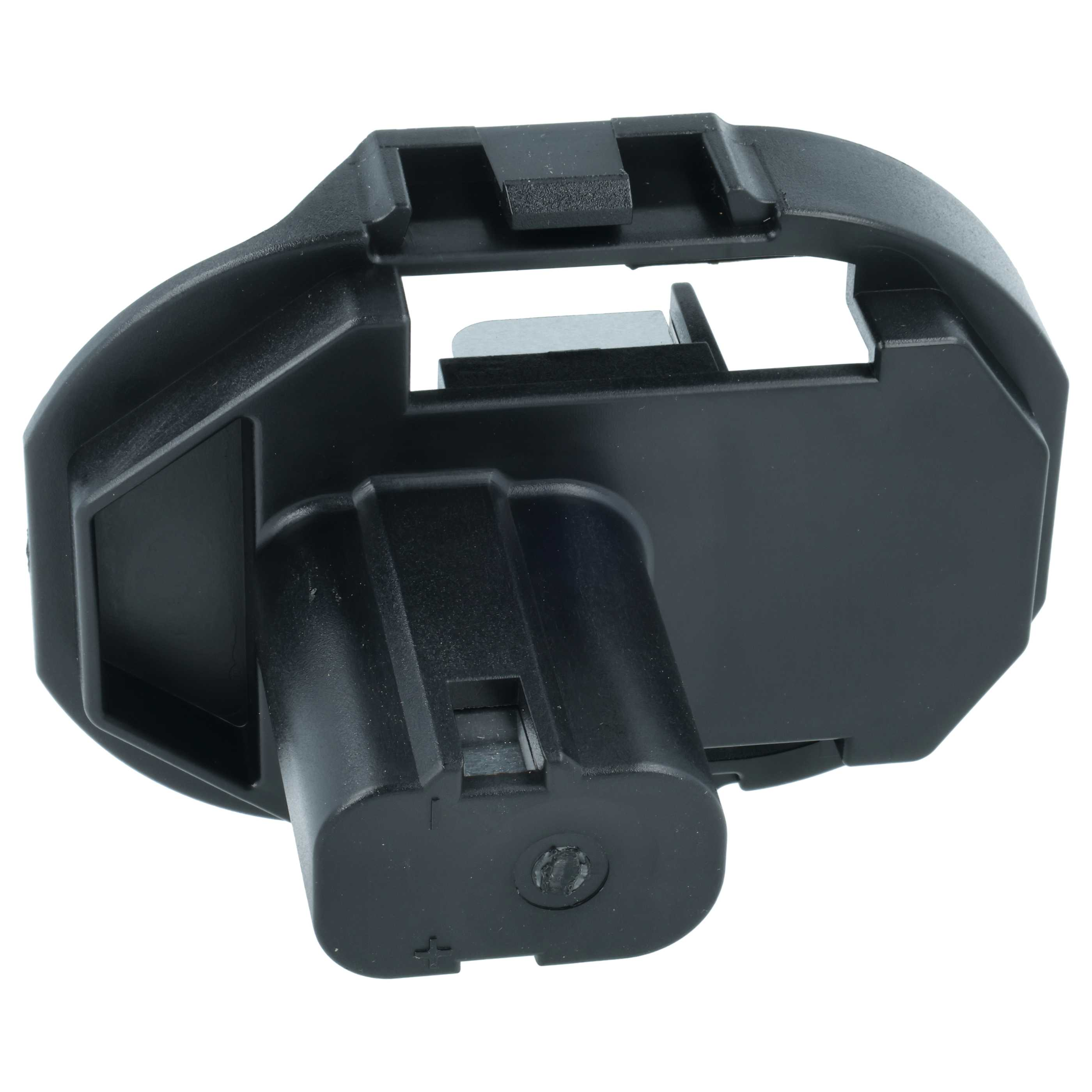 Schwarzer Kunststoffadapter mit Verriegelungsmechanismen und einem Pluszeichen.