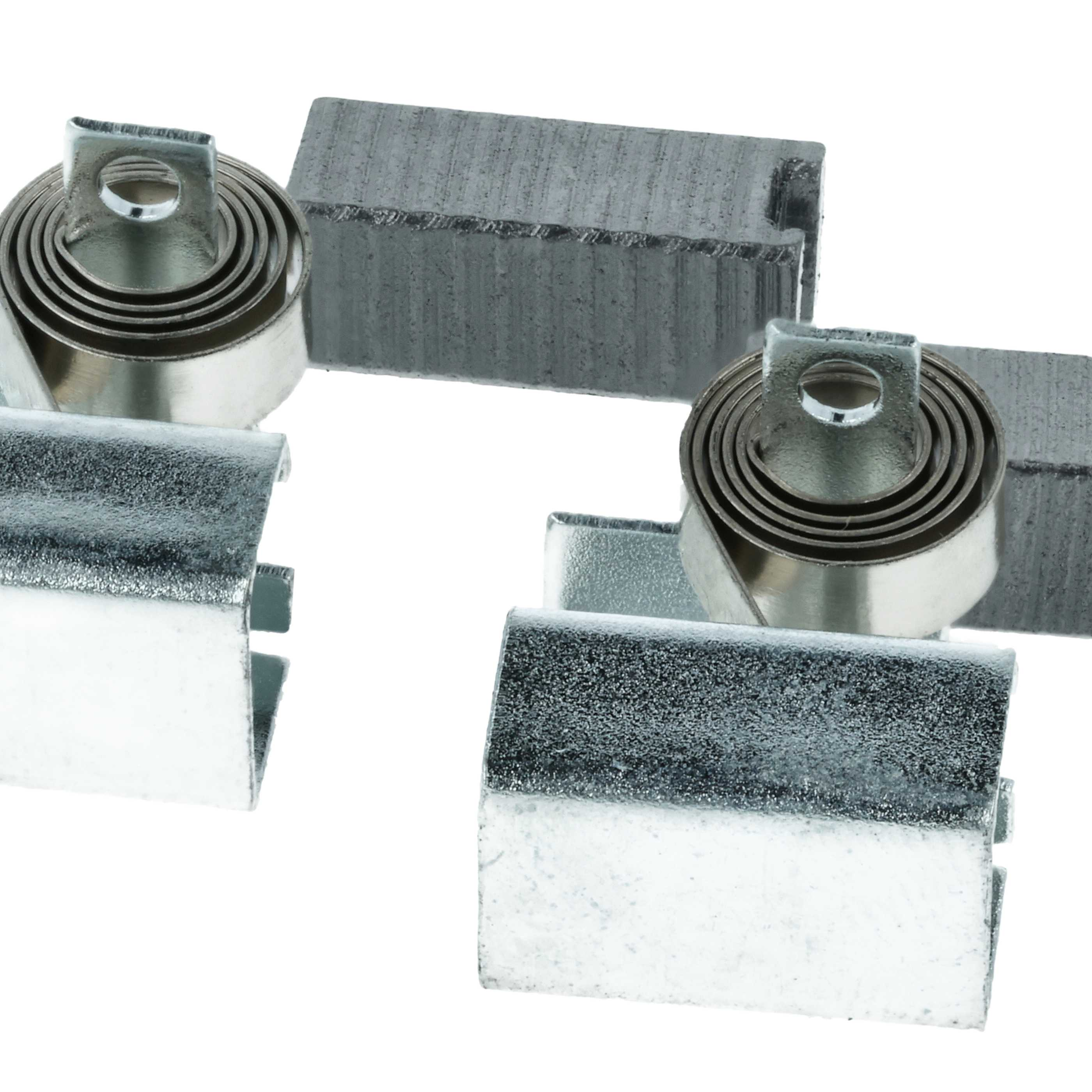 Zwei Metallklammern mit Spiralfedern und zwei rechteckige Metallteile.