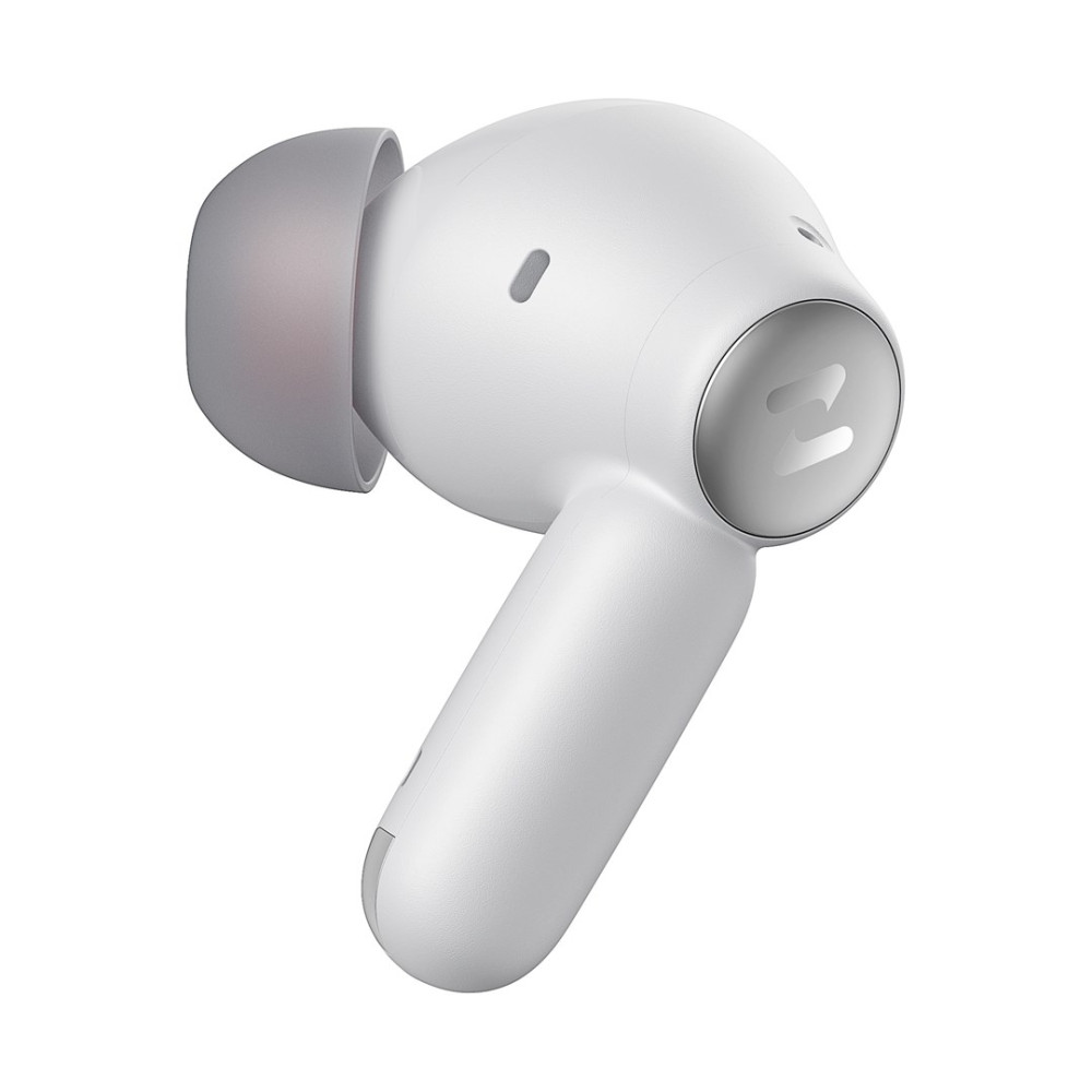 Auricolare wireless bianco con punta in silicone grigio e accento argento.