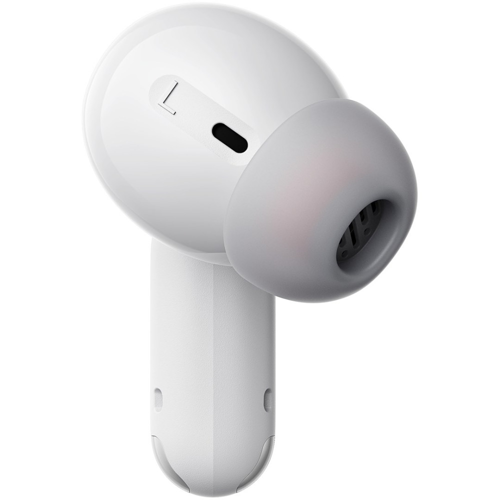 Un auricolare bianco con gommino grigio, simbolo L e foro microfono nero.