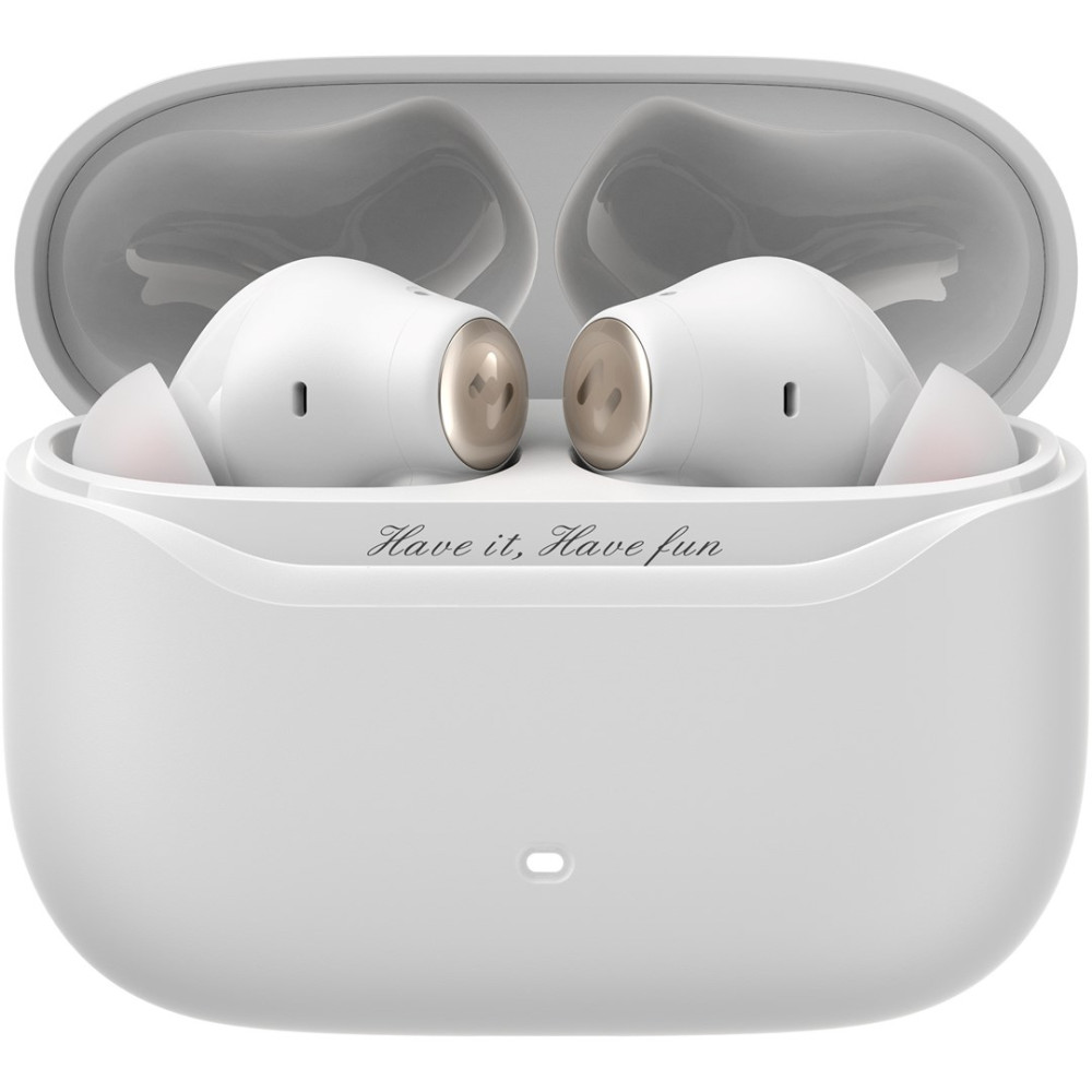 Auricolari wireless bianchi con accenti dorati in un case di ricarica bianco.