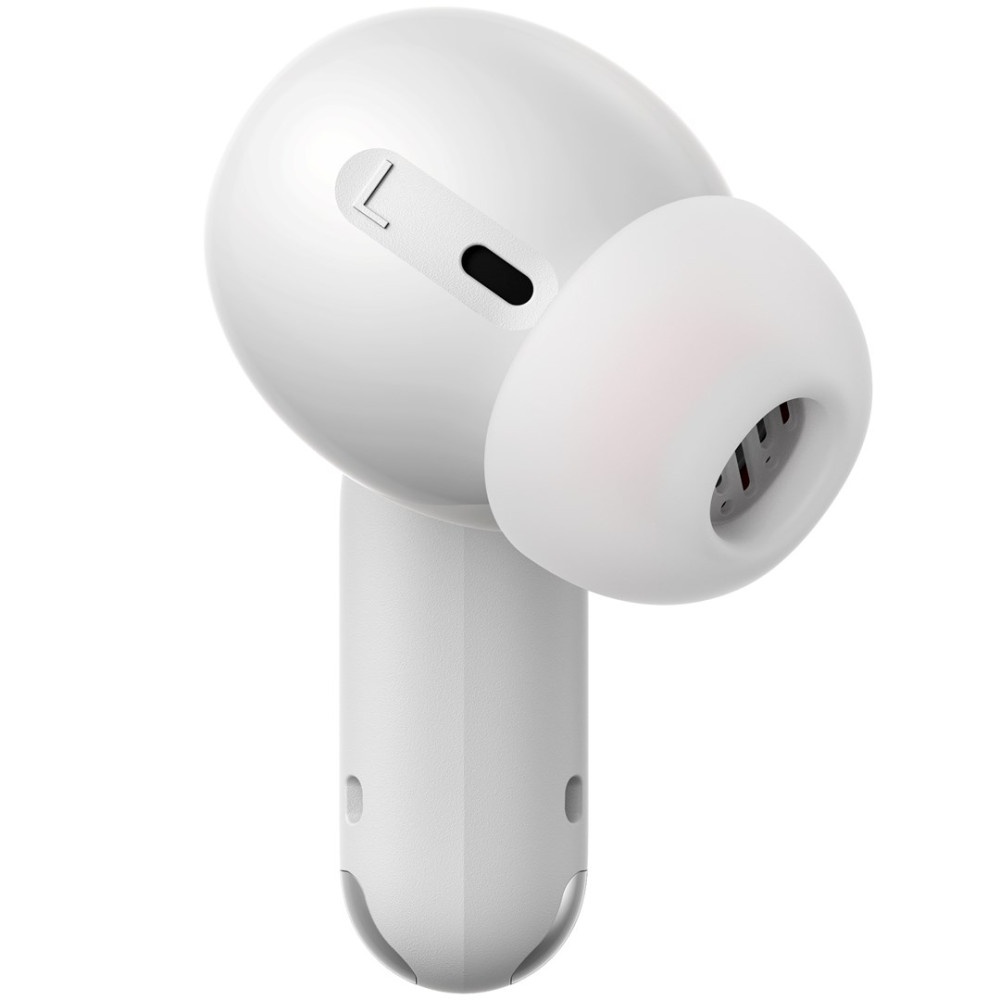 Un auricolare sinistro bianco con punta in silicone e segno L.