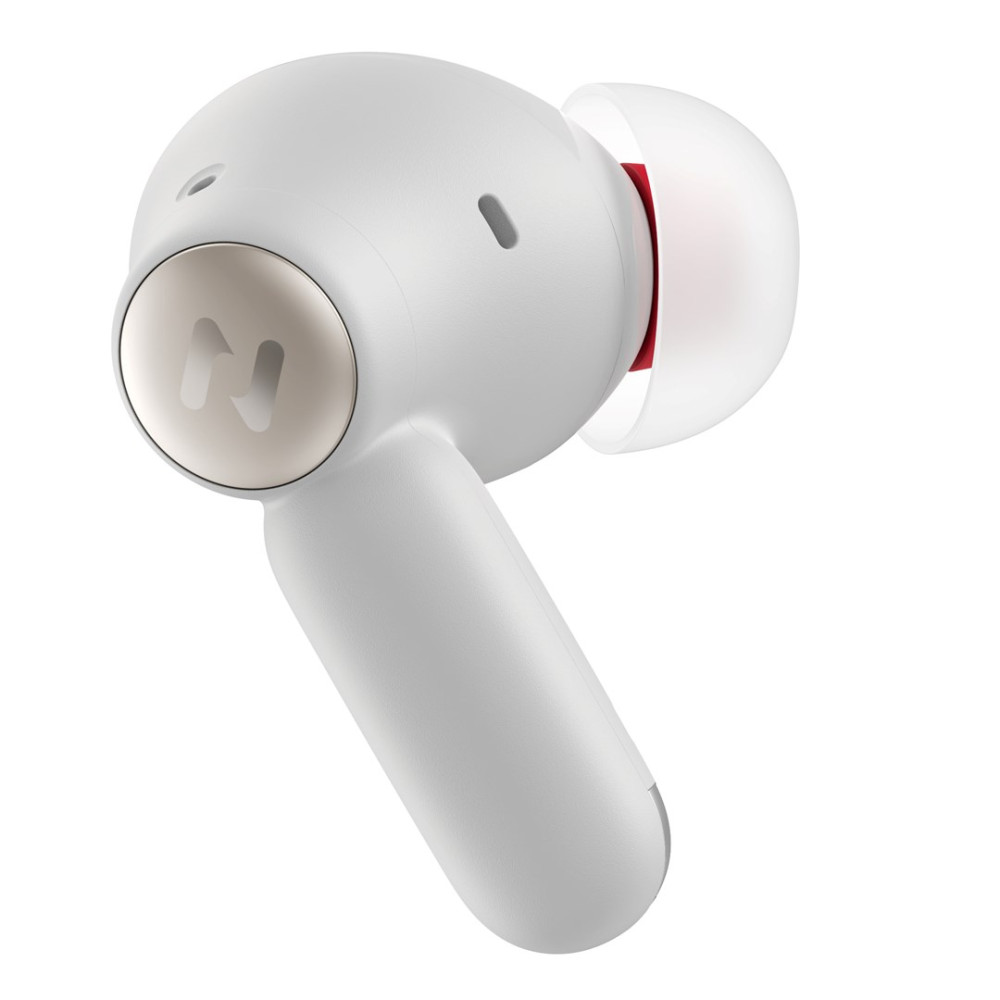 Un auricolare wireless bianco con logo N e dettaglio rosso.