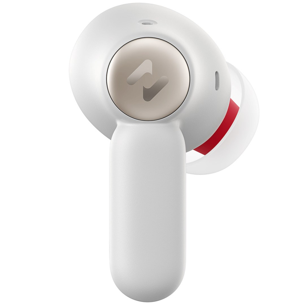 Auricolare wireless bianco con logo dorato e accento rosso.