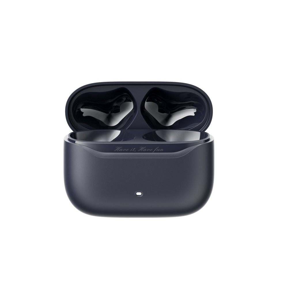Auricolari wireless blu scuro in una custodia di ricarica aperta con testo 