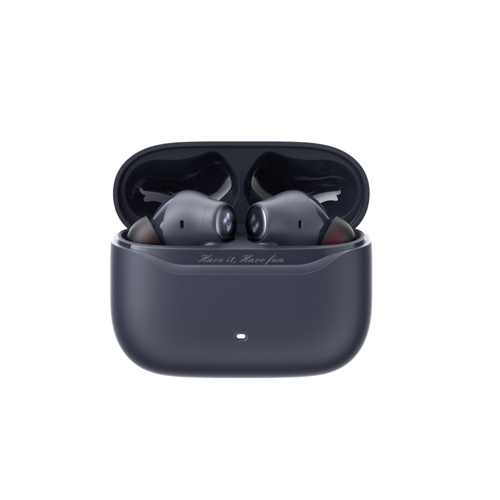 Auricolari wireless grigio scuro in custodia di ricarica aperta con testo.