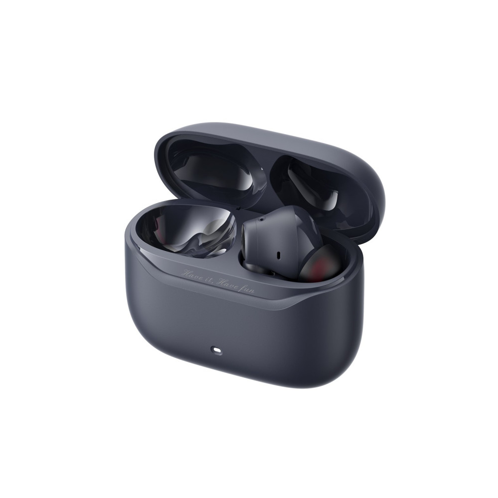 Custodia di ricarica grigio scuro con coperchio aperto, due auricolari all'interno.
