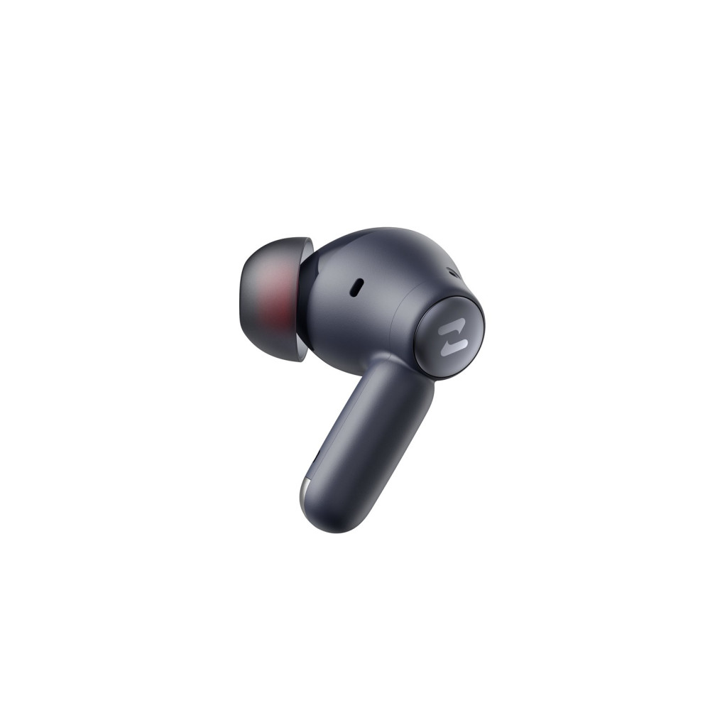 Auricolare wireless grigio scuro con accento argentato e bagliore rosso.