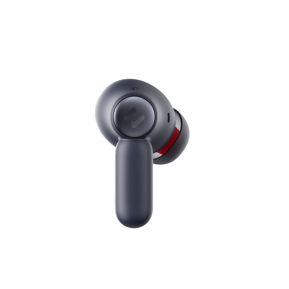Un auricolare scuro con una striscia rossa e un simbolo.
