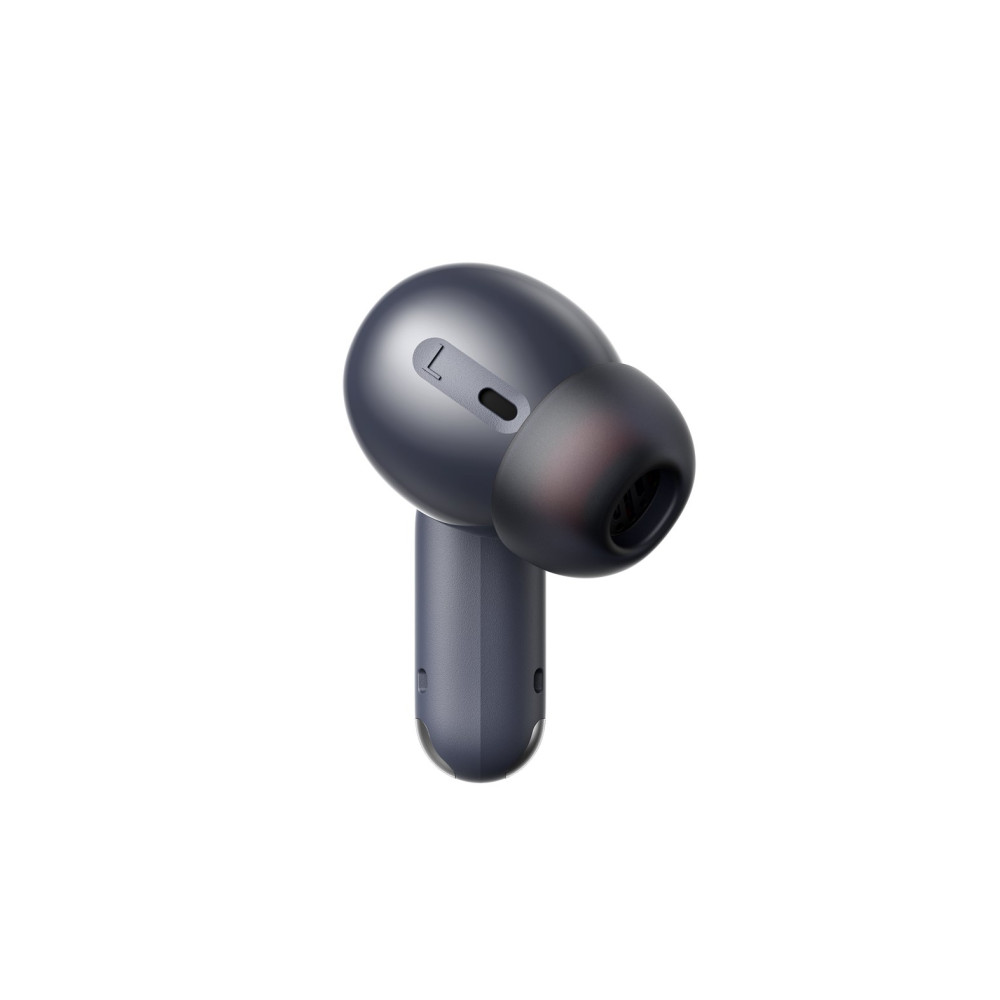Un singolo auricolare grigio in-ear con marchio L su sfondo bianco.