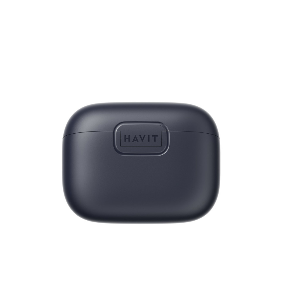 Custodia blu scuro per auricolari Havit con logo su sfondo bianco.