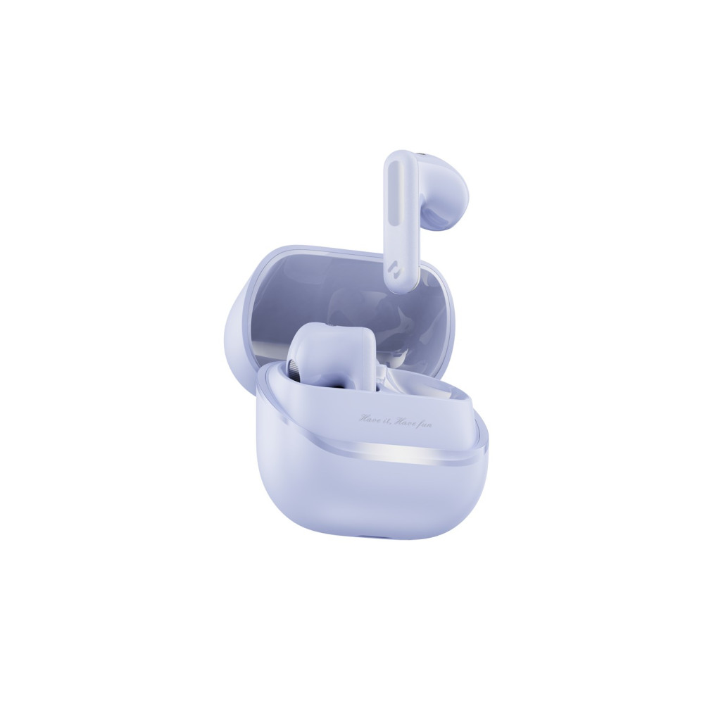 Auricolari wireless lavanda in una custodia di ricarica aperta con testo.