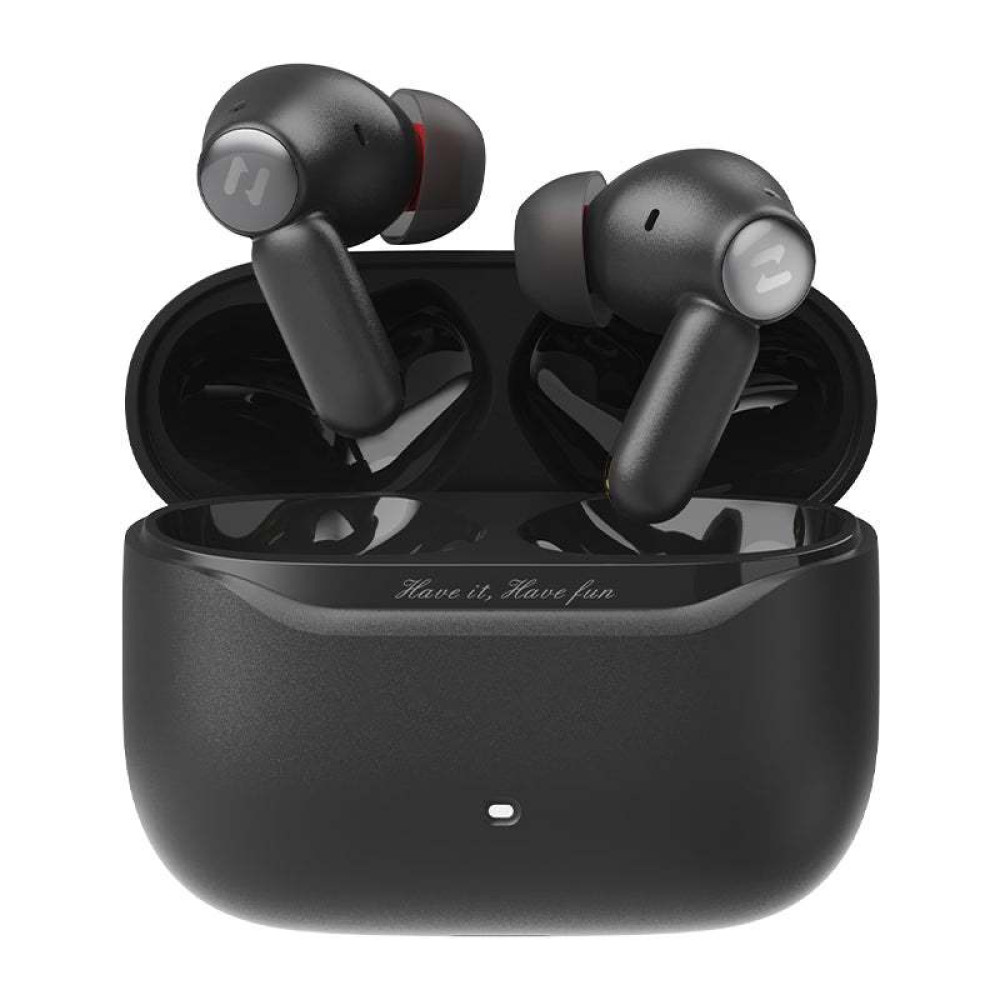 Auricolari wireless neri in una custodia di ricarica nera con scritta 