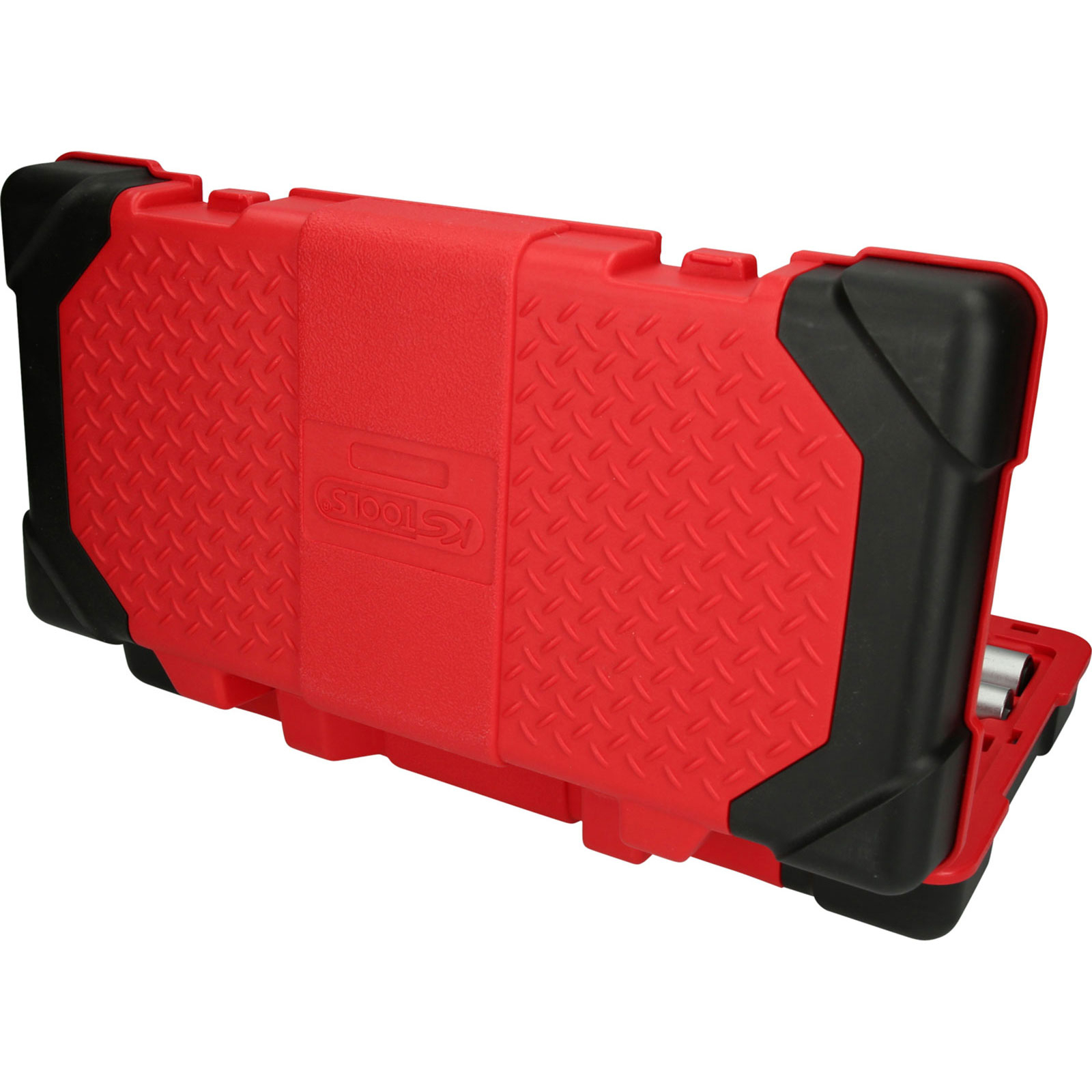 Roter und schwarzer Werkzeugkasten mit Rautenmuster und sichtbaren Einsätzen.