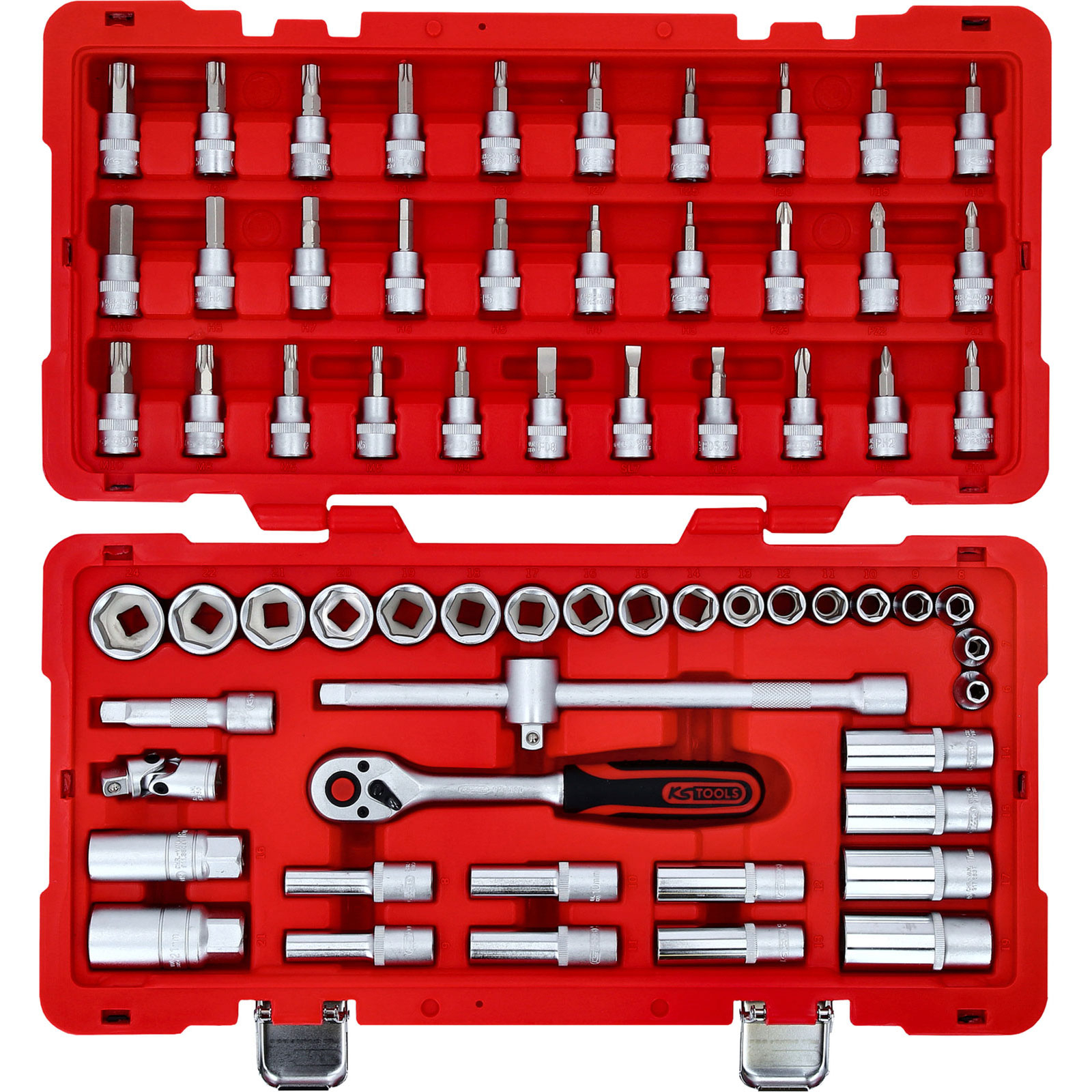 Werkzeugkasten mit vielen Bits und Steckschlüsseln in Rot.