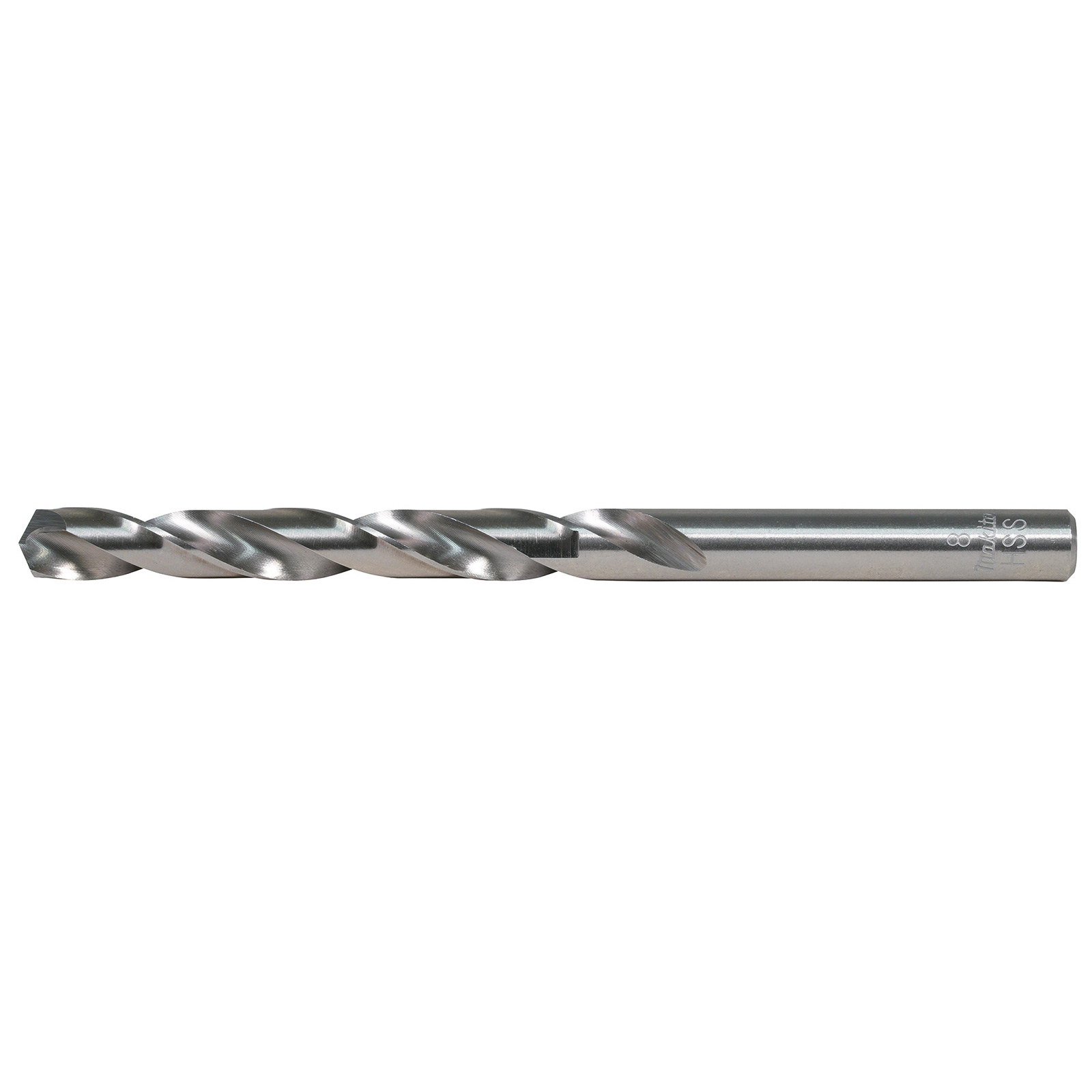 Ein metallischer Spiralbohrer mit 8mm Durchmesser auf weißem Hintergrund.