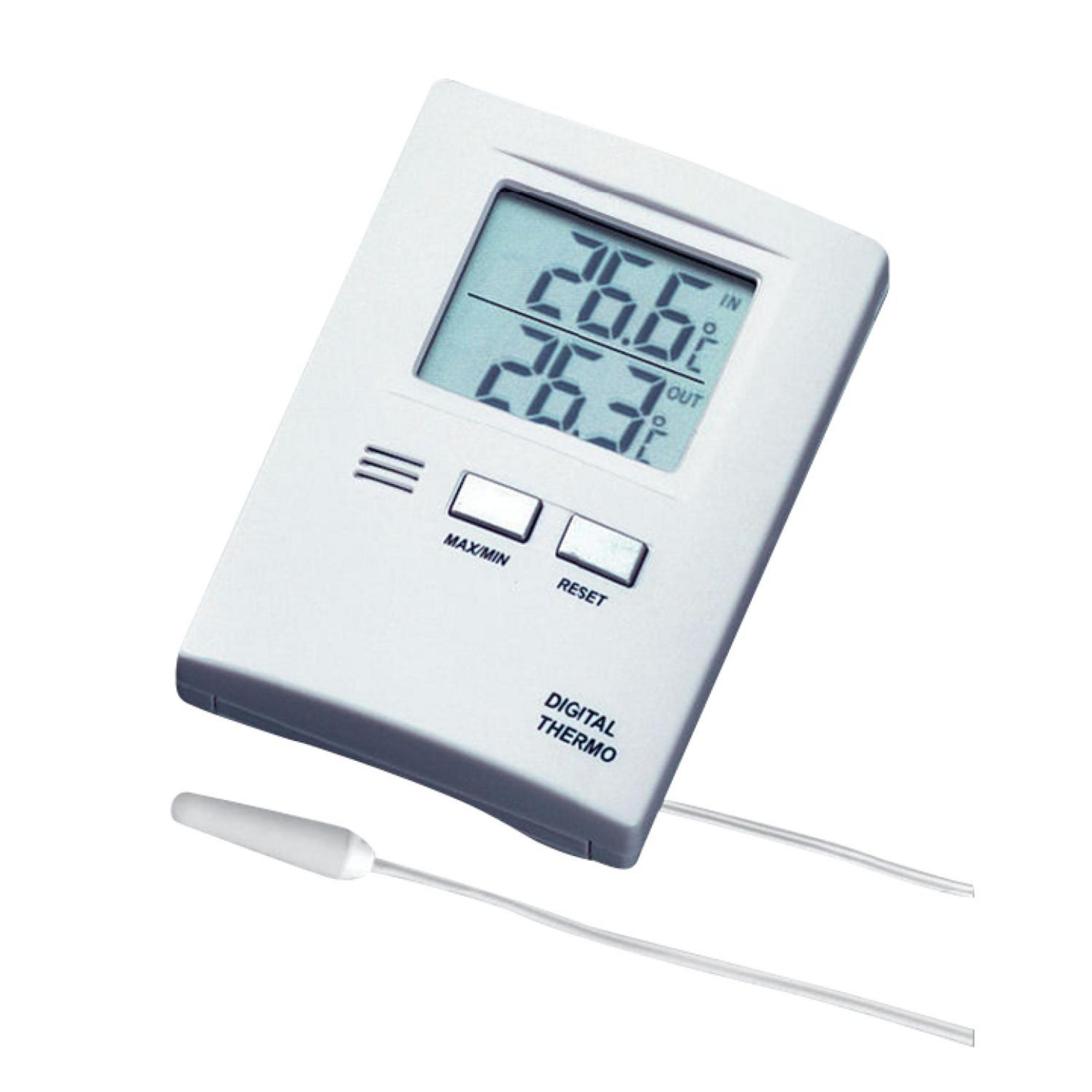 Ein weißes Digitalthermometer mit zwei Sonden und einem LCD-Display.
