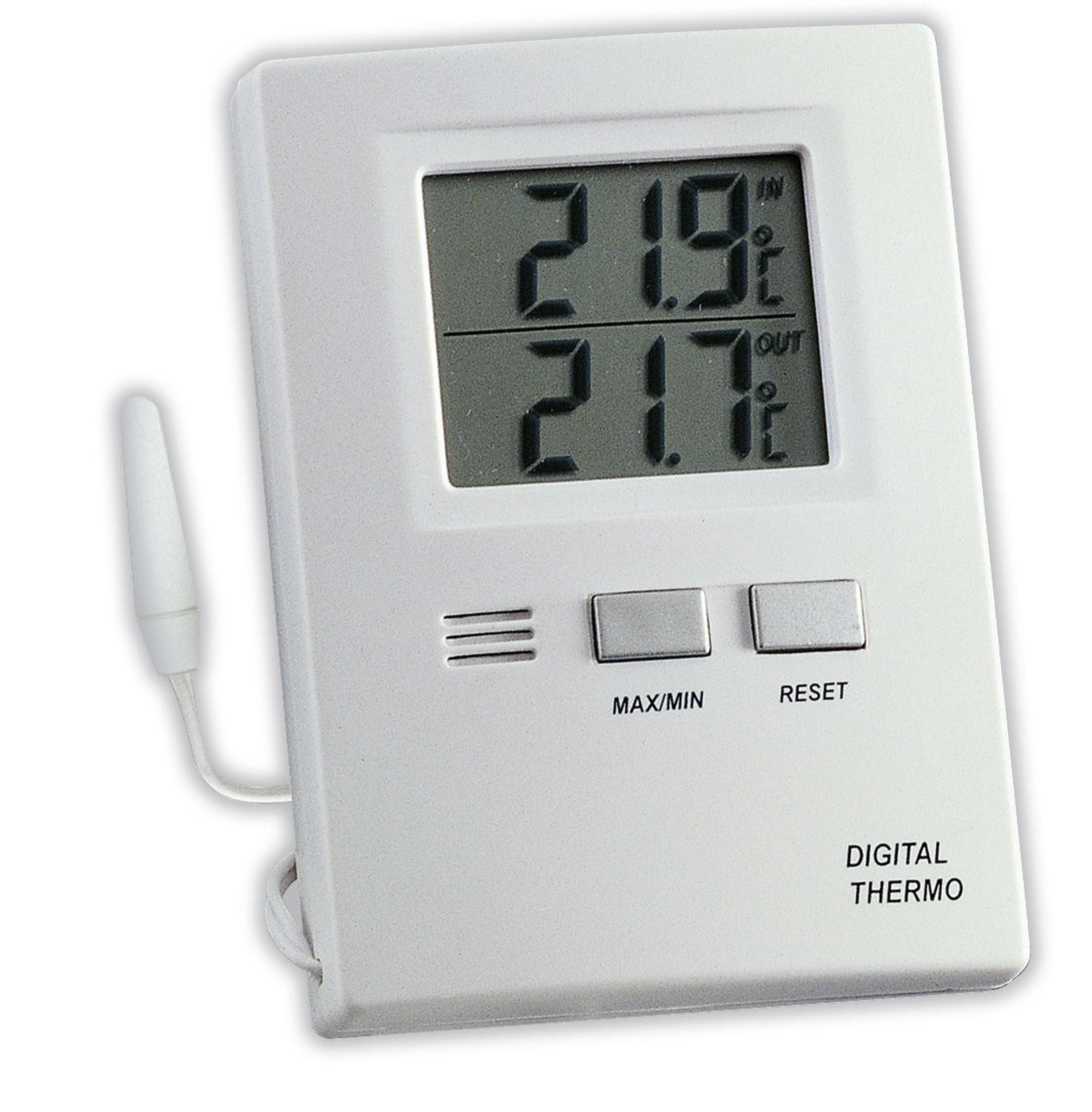 Digitales Thermometer zeigt 21,9°C innen und 21,7°C außen an.