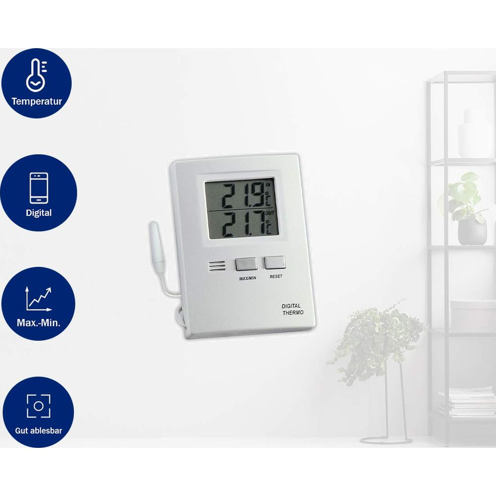 Ein weißes Digitalthermometer mit zwei Anzeigen und Bedientasten.