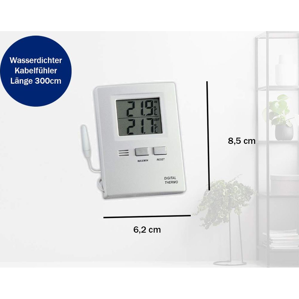 Digitales Thermometer mit Kabel für Innen- und Außentemperatur.