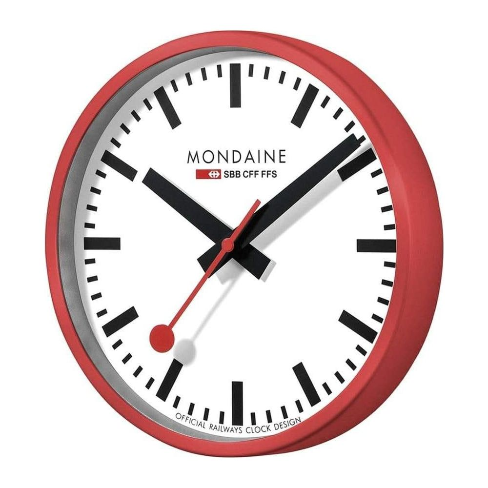 Un orologio da parete rosso con quadrante bianco, lancette nere e lancetta dei secondi rossa.