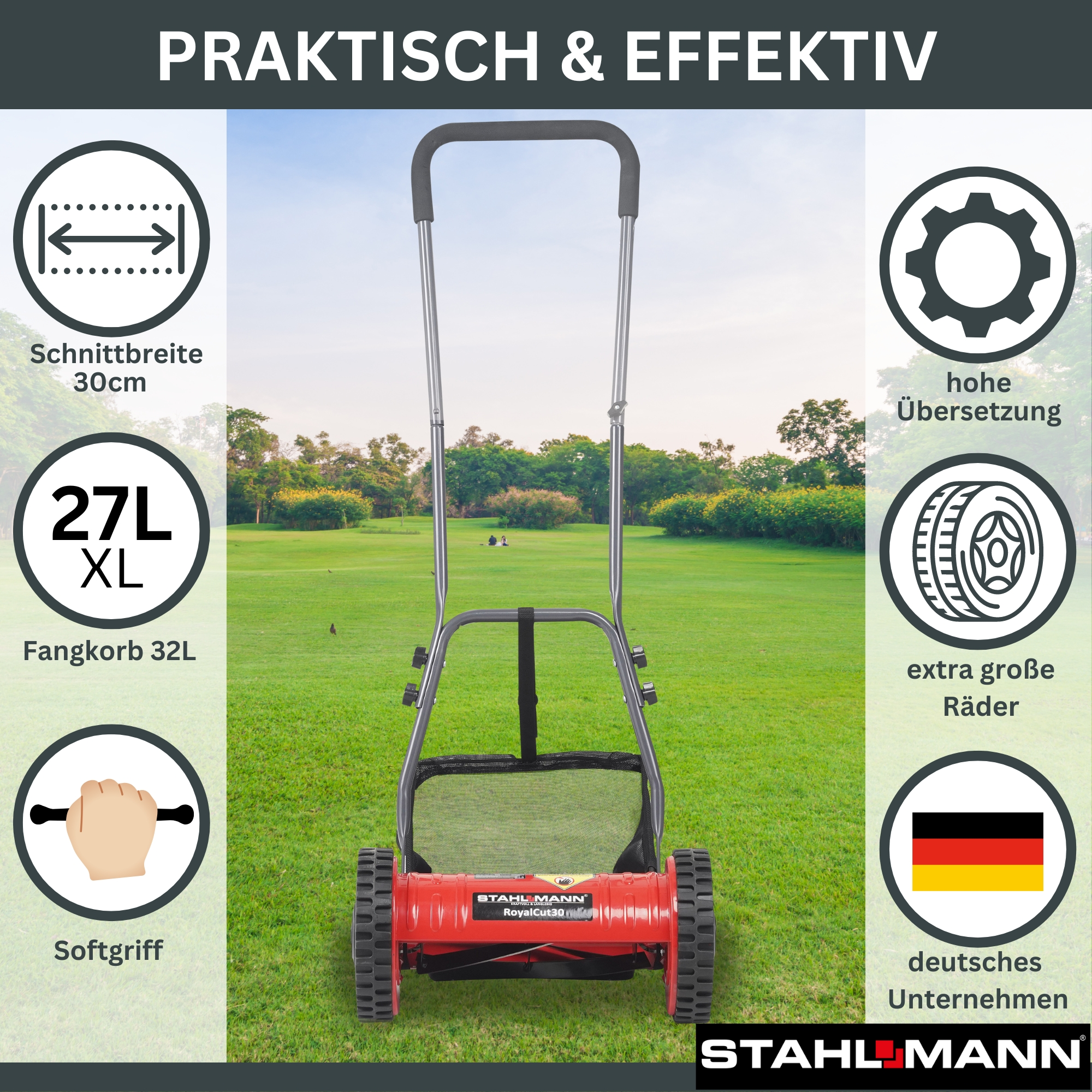 Rasenmäher mit 30cm Schnittbreite, 32L Fangkorb und Softgriff.