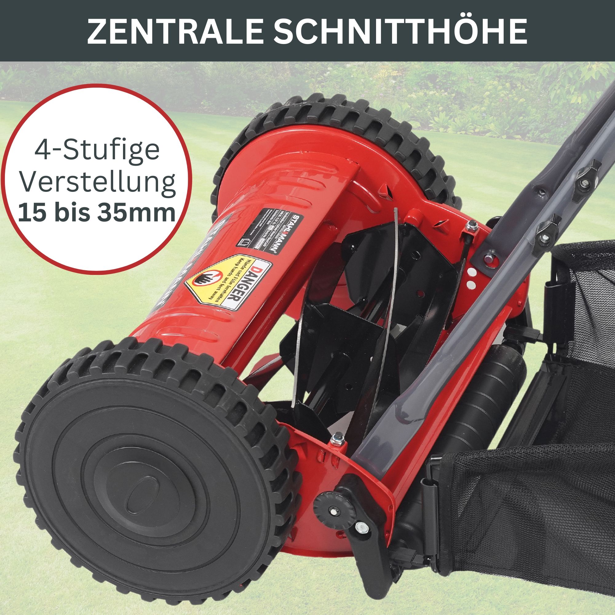 Rote Spindelmäher mit schwarzem Fangkorb auf grünem Rasen. 4-stufige Schnitthöhenverstellung.