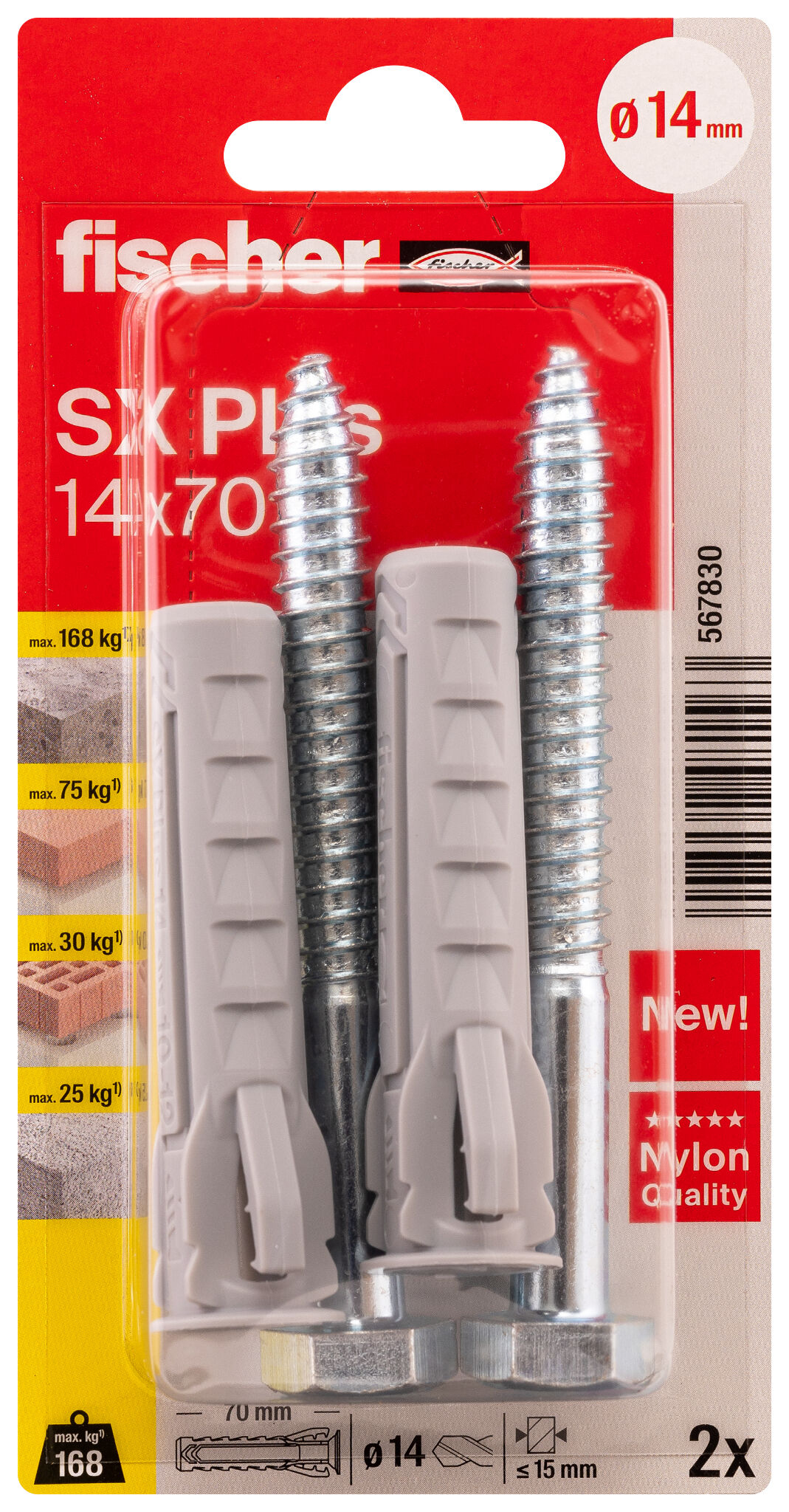 Fischer SX Plus Dübel und Schrauben, 14x70mm, 2 Stück im Set.