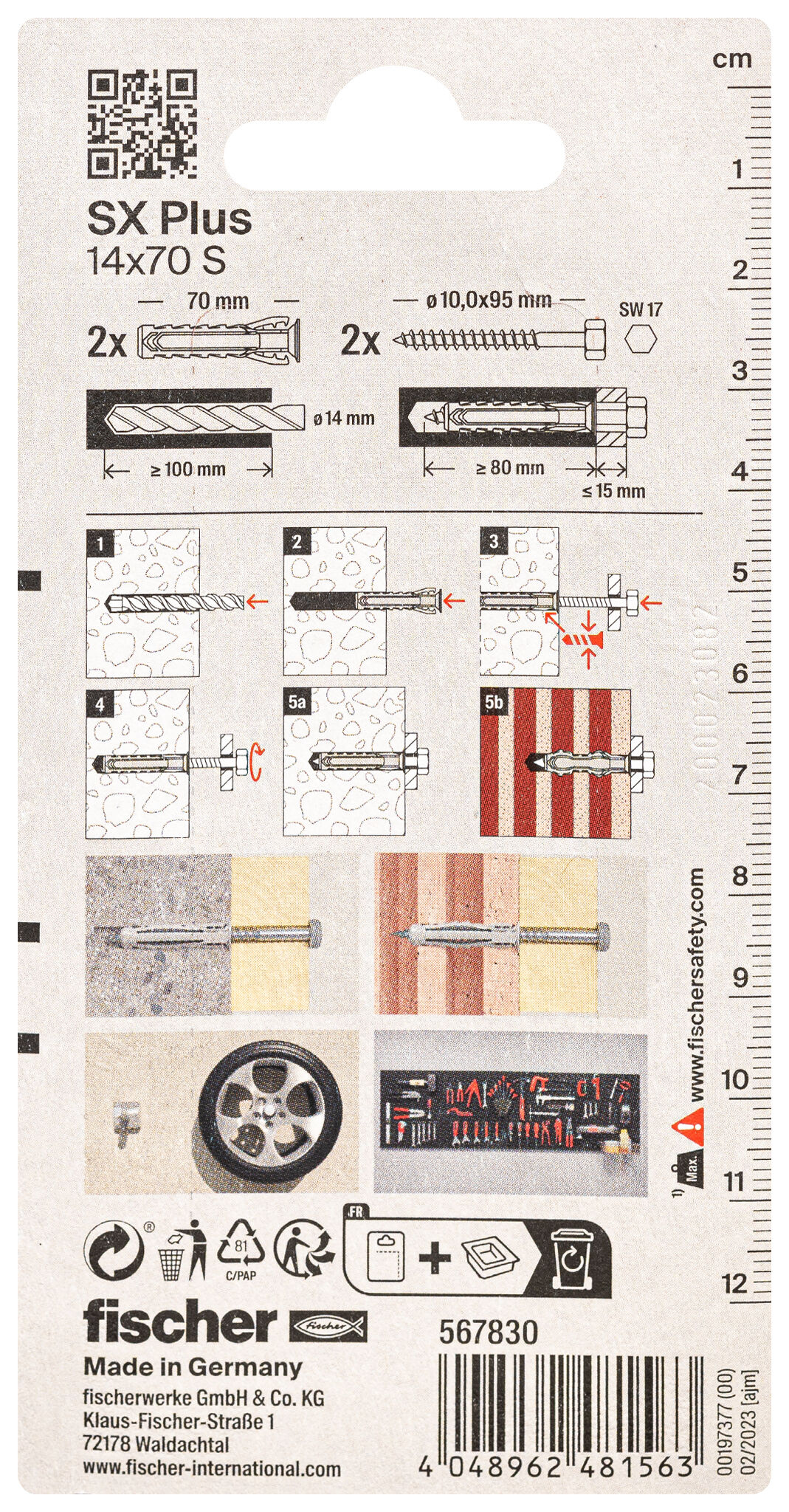 Verpackung für Dübel SX Plus 14x70 S mit Maßen und Montageanleitung.